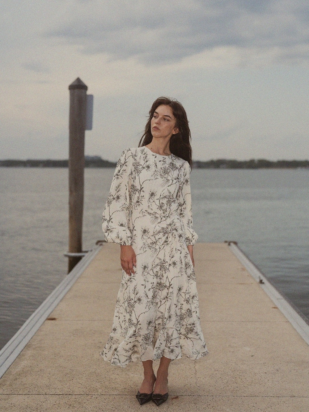 NWT Floral Long-Sleeve Midi Dress in Cream